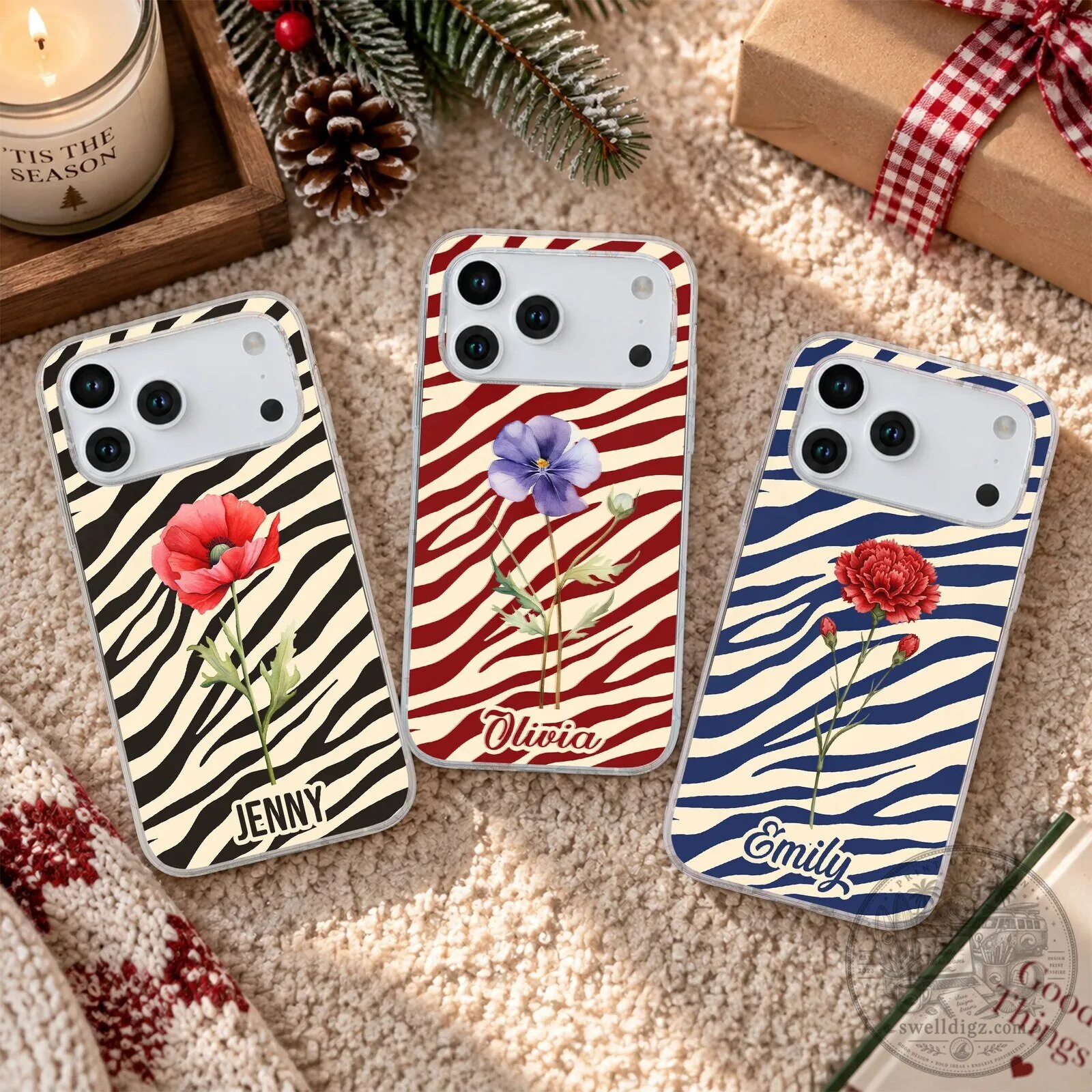 Personalized Zebra Print Birth Flower Custom Name iPhone Case