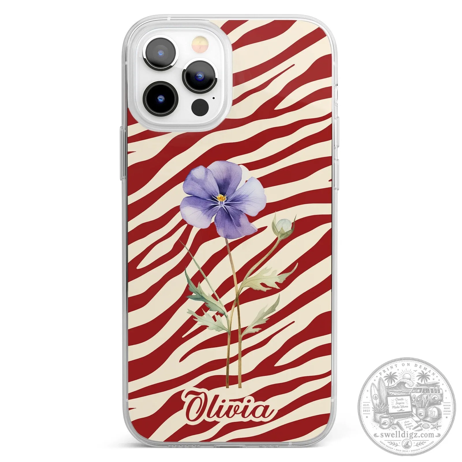 Personalized Zebra Print Birth Flower Custom Name iPhone Case 8 Personalized Zebra Print Birth Flower Custom Name iPhone Case