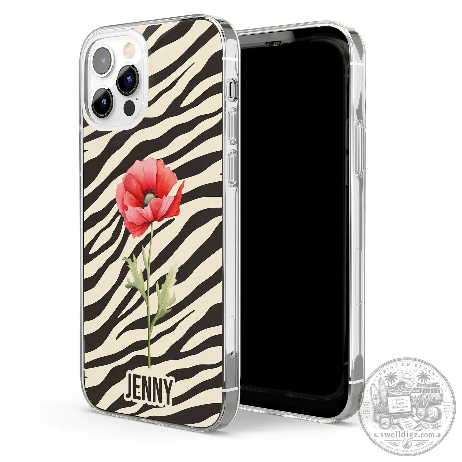 Personalized Zebra Print Birth Flower Custom Name iPhone Case 11 Personalized Zebra Print Birth Flower Custom Name iPhone Case