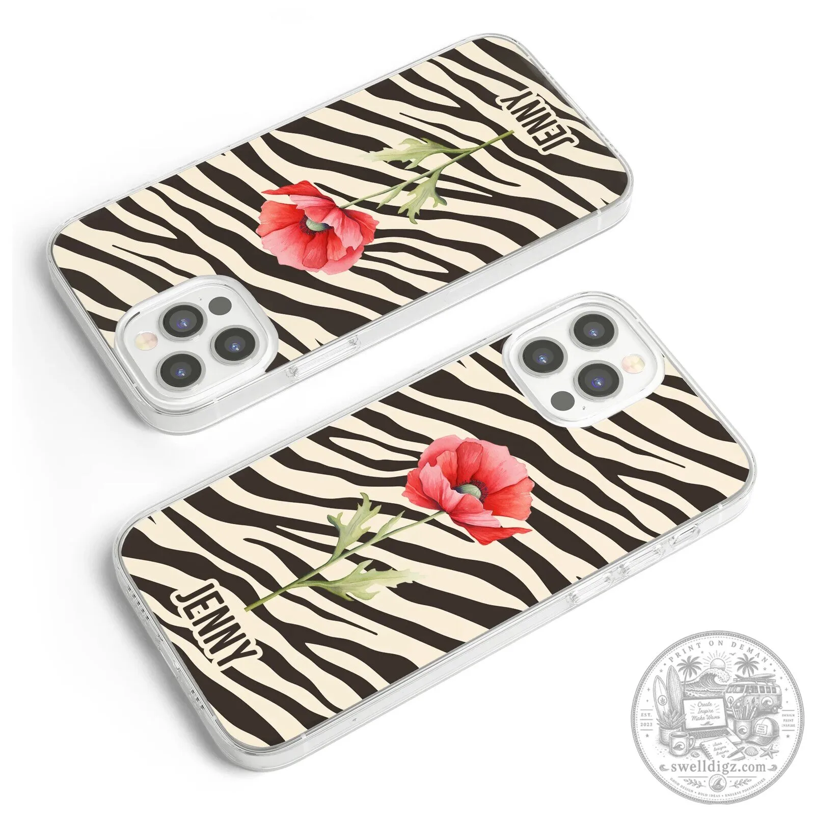 Personalized Zebra Print Birth Flower Custom Name iPhone Case 12 Personalized Zebra Print Birth Flower Custom Name iPhone Case