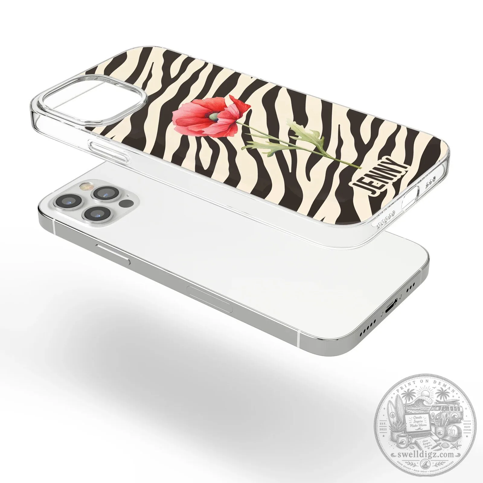Personalized Zebra Print Birth Flower Custom Name iPhone Case 13 Personalized Zebra Print Birth Flower Custom Name iPhone Case