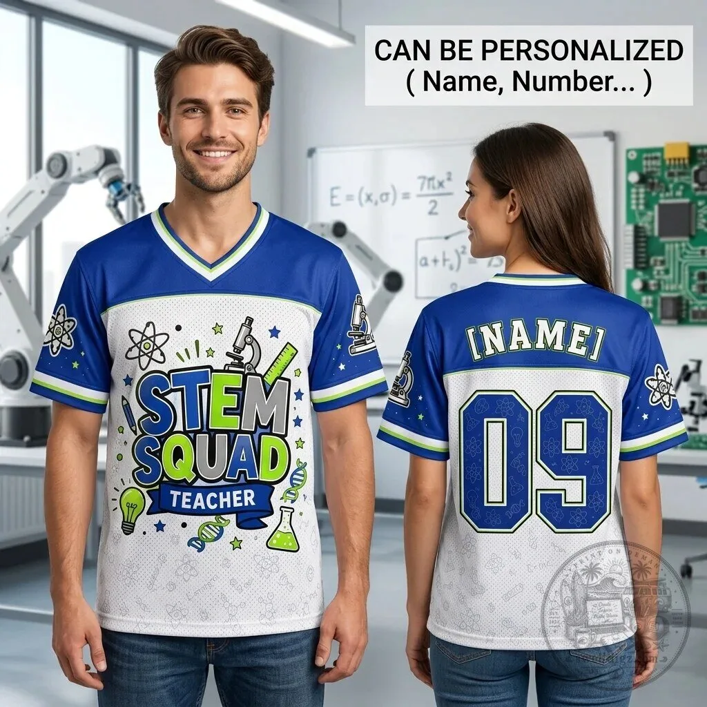 Personalized STEM Squad Teacher Science Educator Football Jersey 1 Personalized STEM Squad Teacher Science Educator Football Jersey