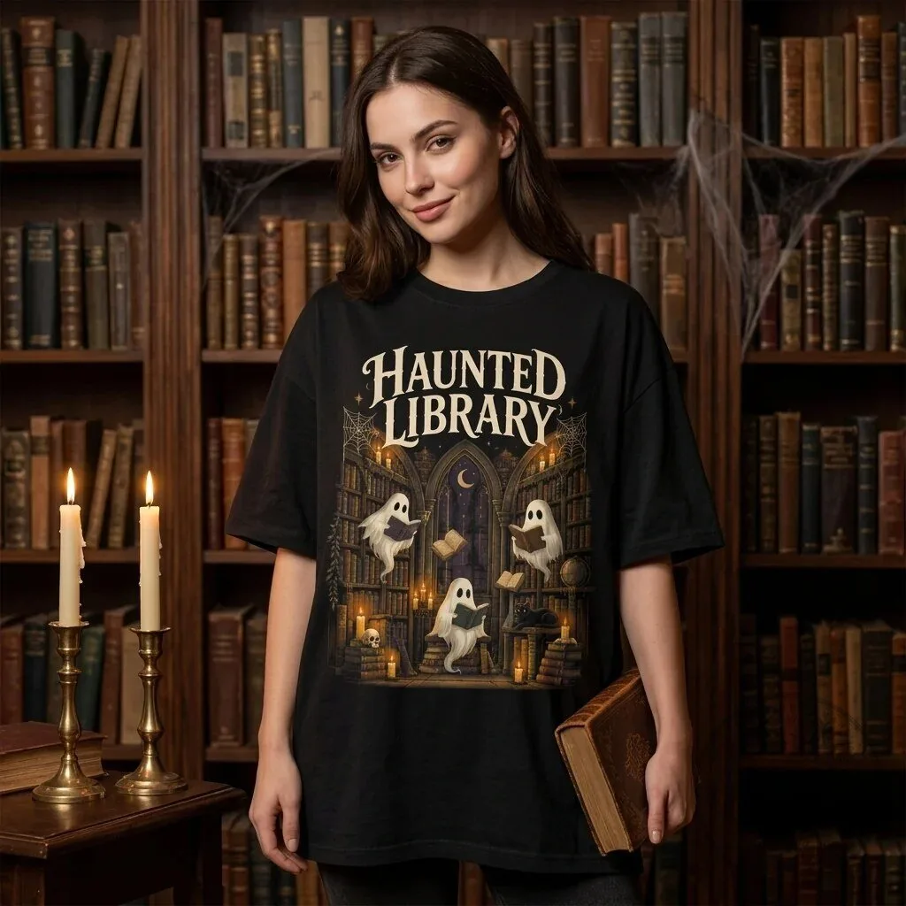 Haunted Library Ghost Reading Books Halloween Spooky Book Lover T-Shirt