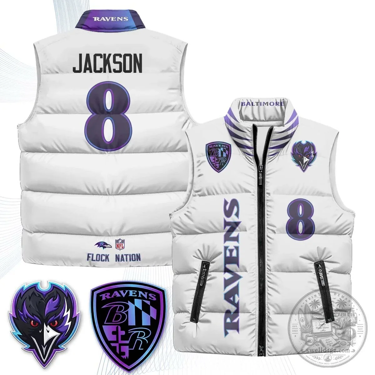 Lamar Jackson Number 8 NFL Puffer Vest for Baltimore Ravens Fans 40 Lamar Jackson Number 8 NFL Puffer Vest for Baltimore Ravens Fans