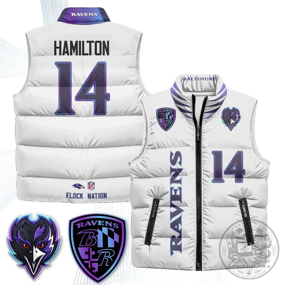 Lamar Jackson Number 8 NFL Puffer Vest for Baltimore Ravens Fans 43 Lamar Jackson Number 8 NFL Puffer Vest for Baltimore Ravens Fans