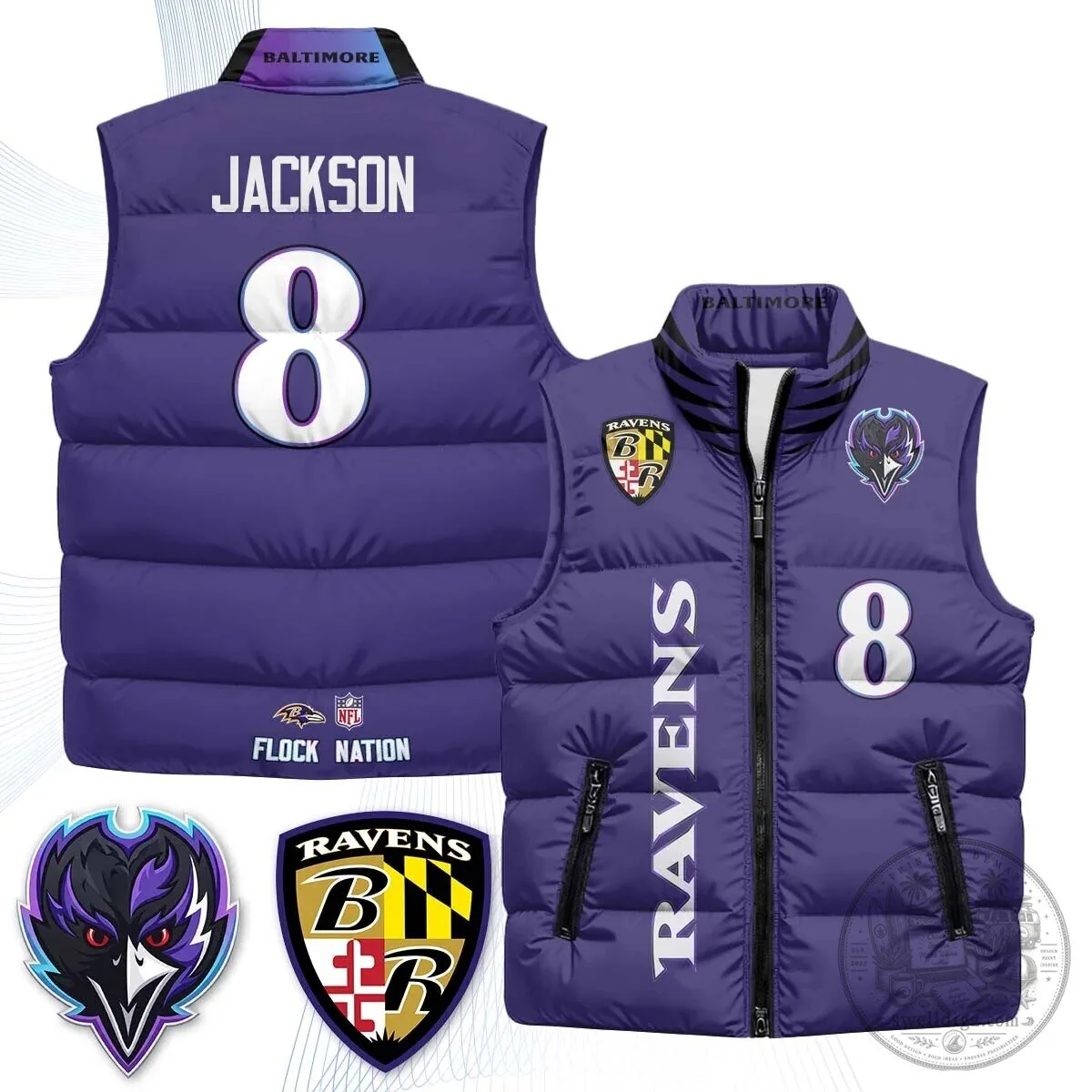 Lamar Jackson Number 8 NFL Puffer Vest for Baltimore Ravens Fans 50 Lamar Jackson Number 8 NFL Puffer Vest for Baltimore Ravens Fans