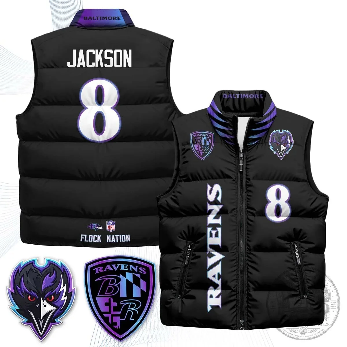 Lamar Jackson Number 8 NFL Puffer Vest for Baltimore Ravens Fans 70 Lamar Jackson Number 8 NFL Puffer Vest for Baltimore Ravens Fans