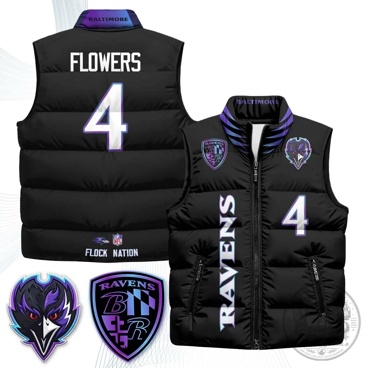 Lamar Jackson Number 8 NFL Puffer Vest for Baltimore Ravens Fans 72 Lamar Jackson Number 8 NFL Puffer Vest for Baltimore Ravens Fans