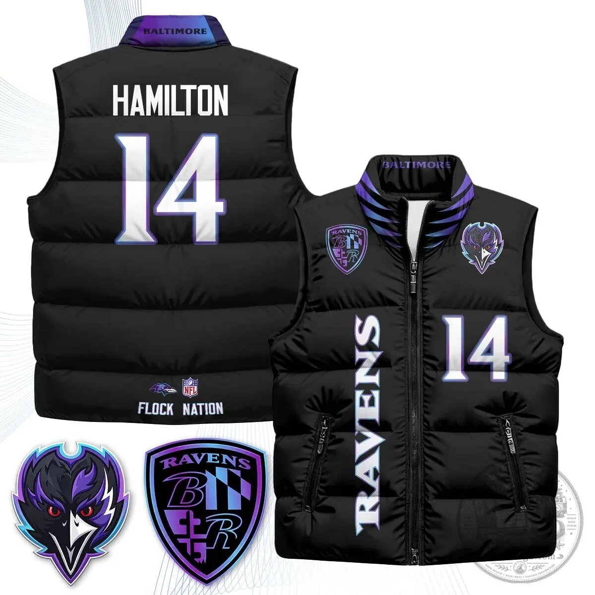 Lamar Jackson Number 8 NFL Puffer Vest for Baltimore Ravens Fans 73 Lamar Jackson Number 8 NFL Puffer Vest for Baltimore Ravens Fans