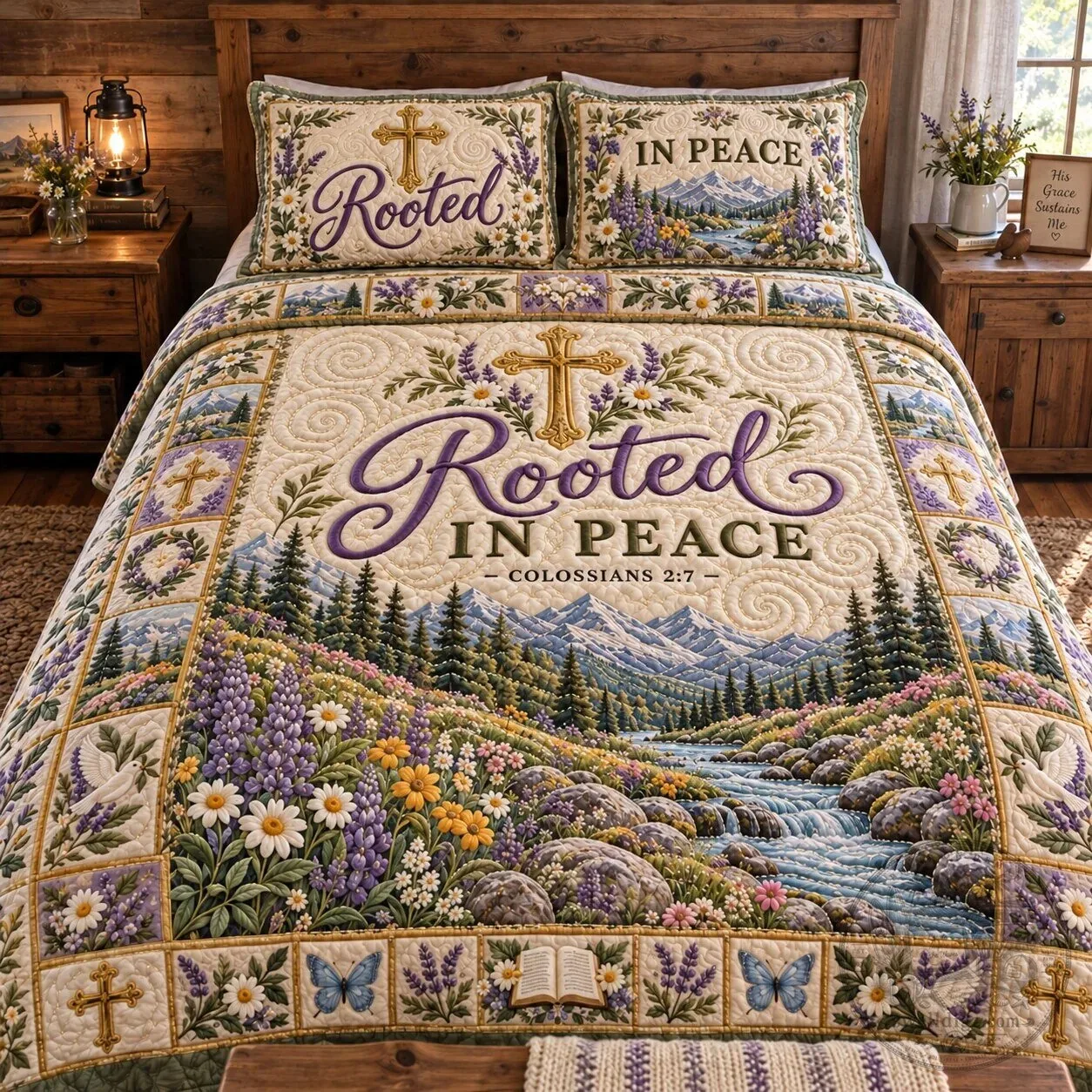 Rooted In Peace Christian Quilted Bedding Set With Pillow Shams