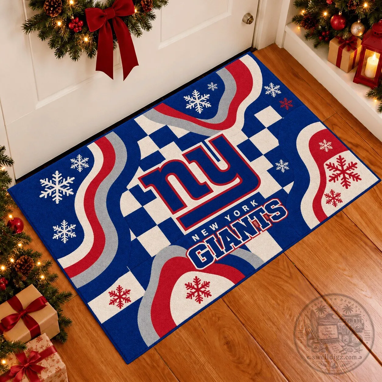 New York Giants Christmas Snowflake Checkered Doormat