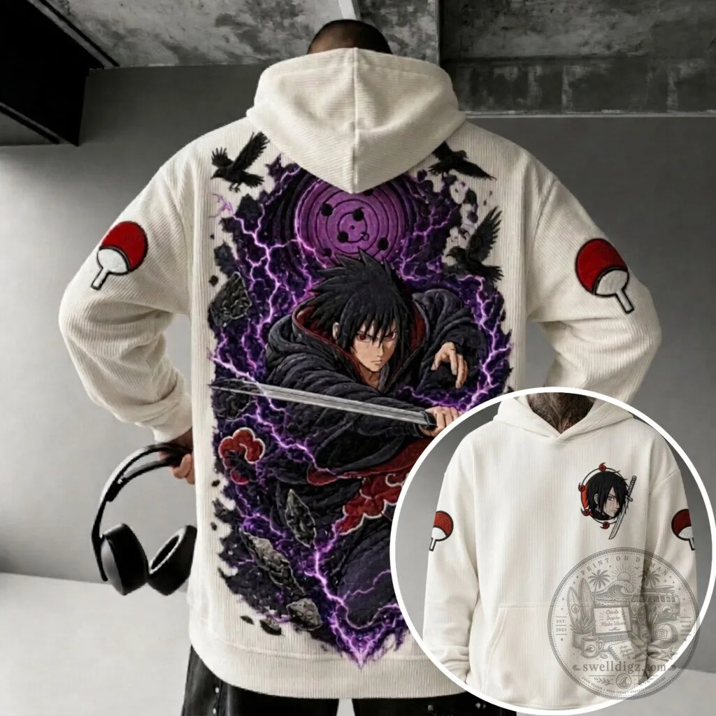 Sasuke Uchiha Naruto Anime Corduroy Hoodie with Sharingan Design