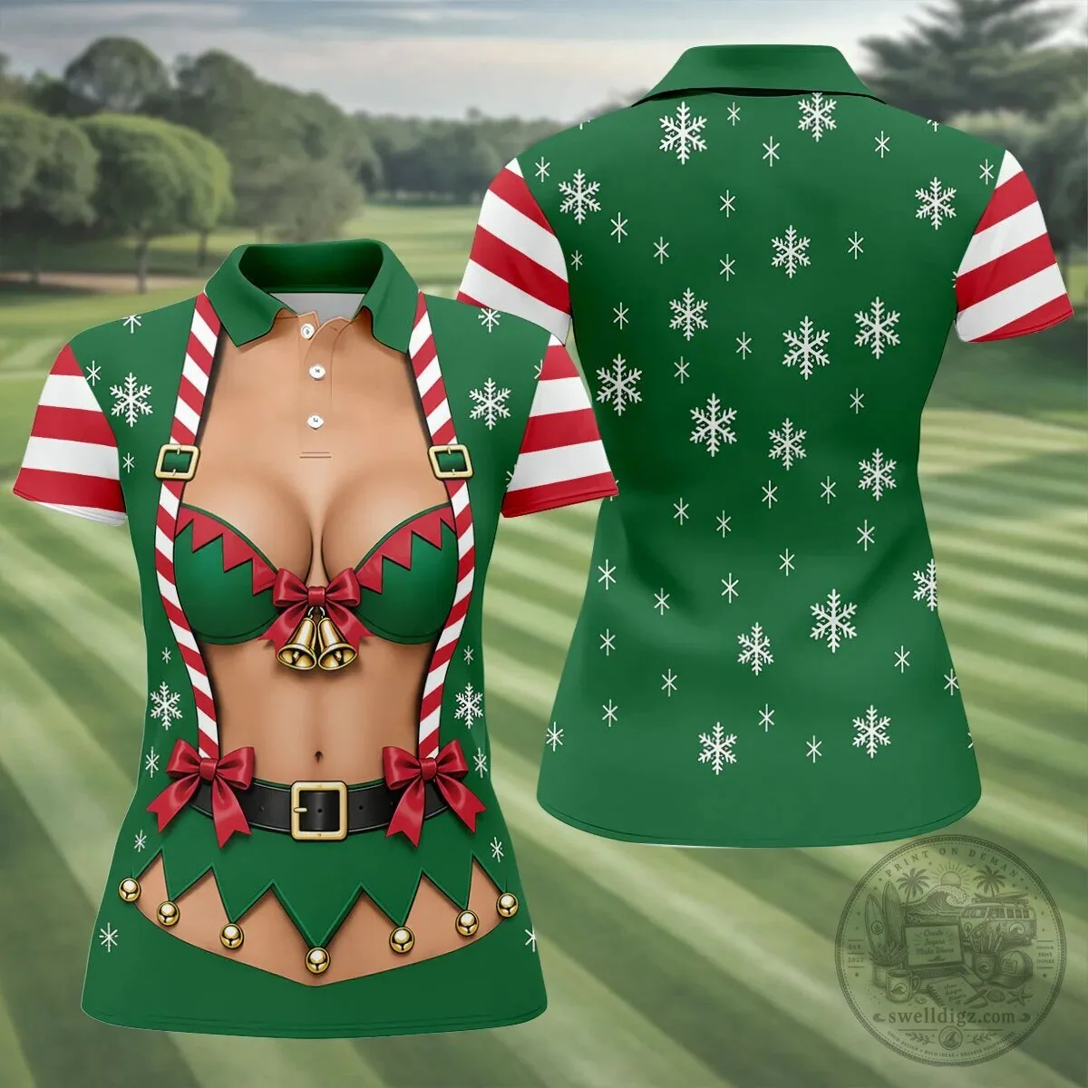 Funny Christmas Elf Bikini Women's Sleeveless Golf Polo Shirt 14 Funny Christmas Elf Bikini Women