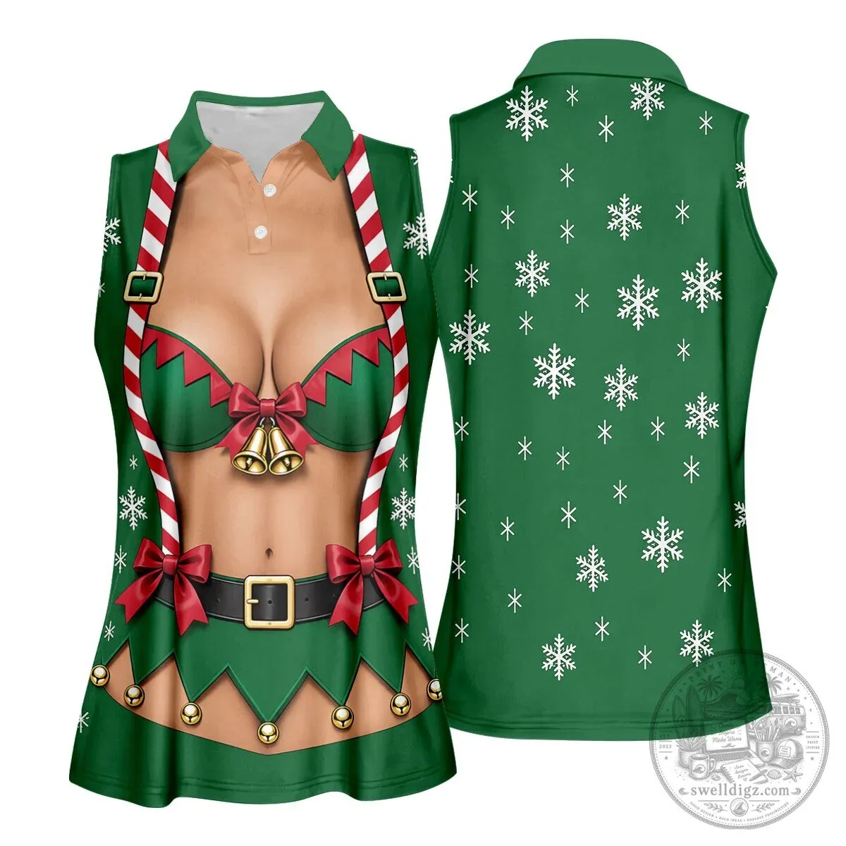 Funny Christmas Elf Bikini Women's Sleeveless Golf Polo Shirt 17 Funny Christmas Elf Bikini Women
