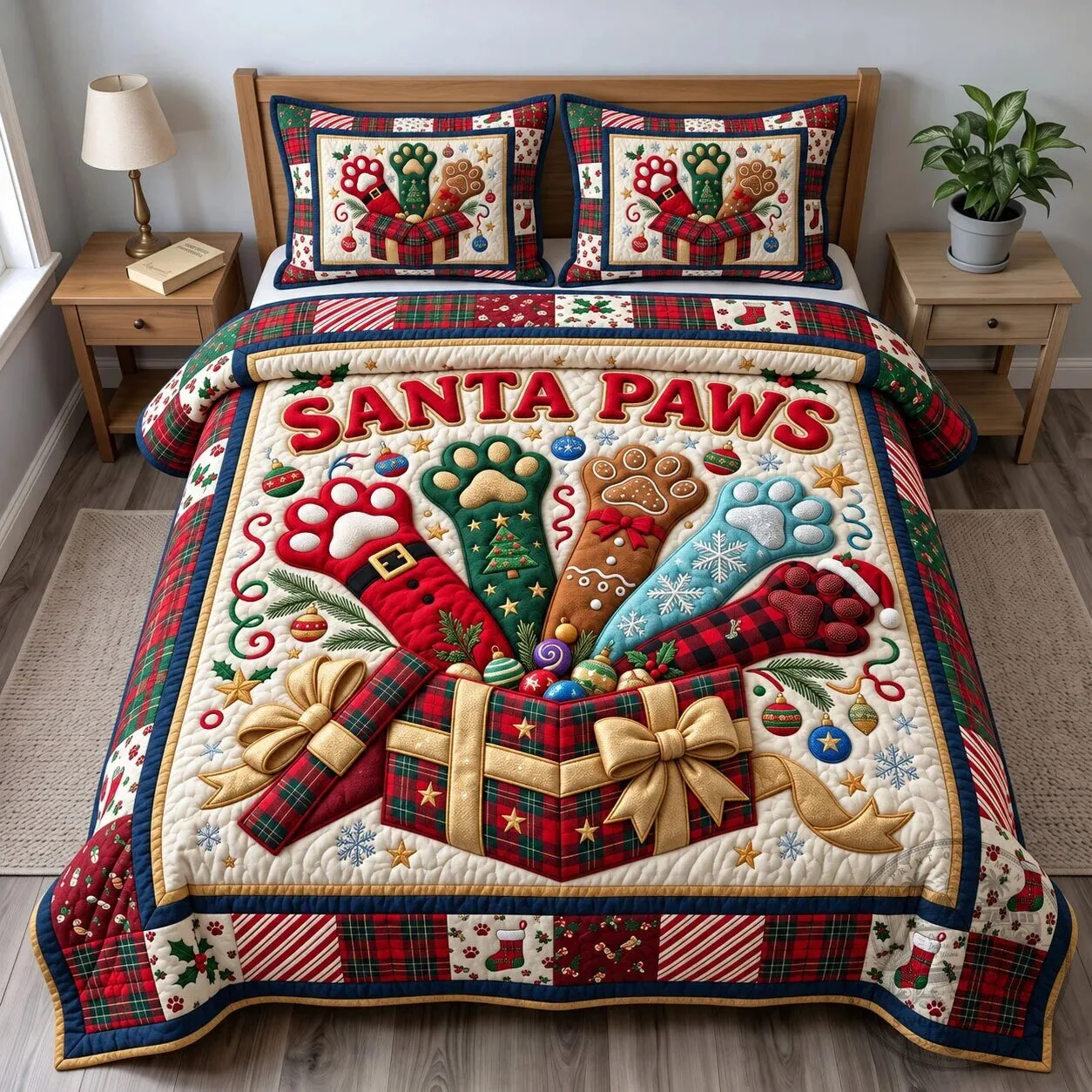 Santa Paws Christmas Holiday Pet Paw Prints Quilted Bedding Set