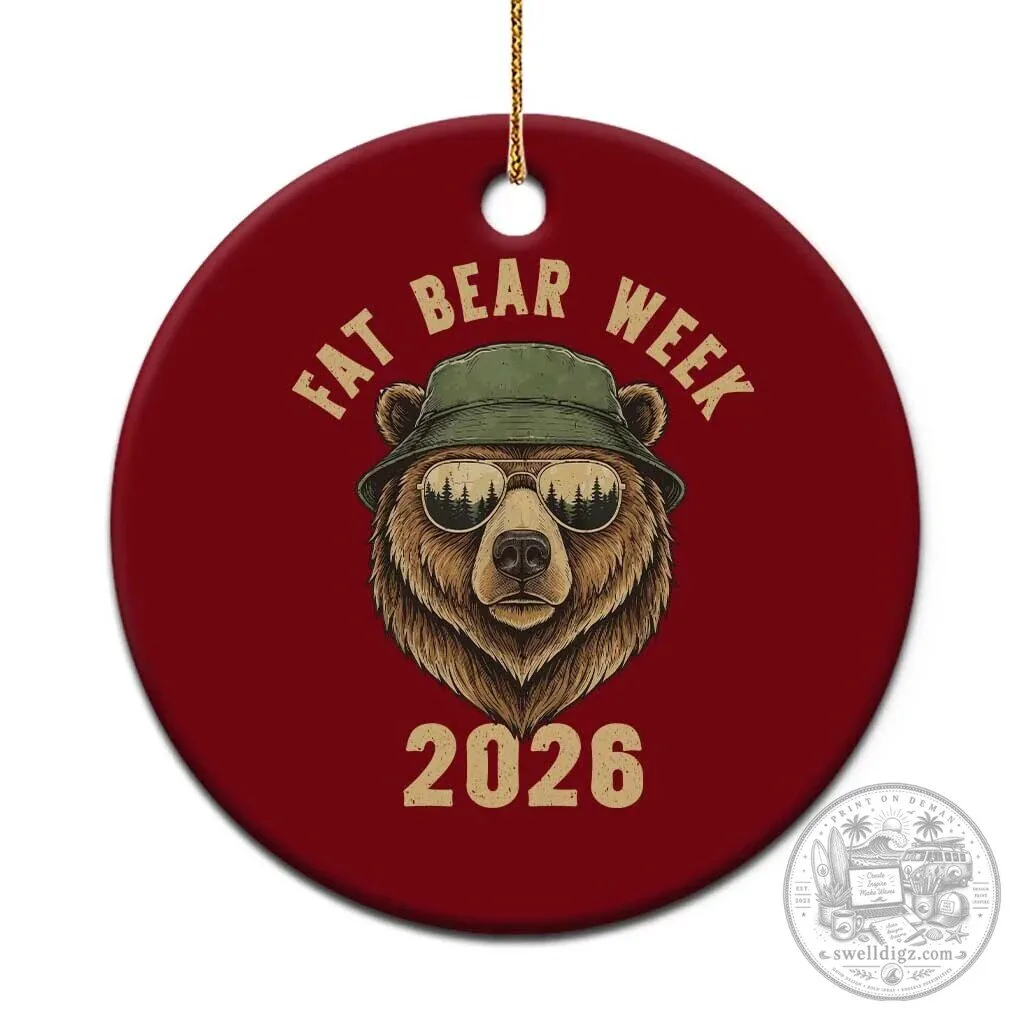Fat Bear Week 2026 Bear Wearing Bucket Hat and Sunglasses Round Christmas Ornament