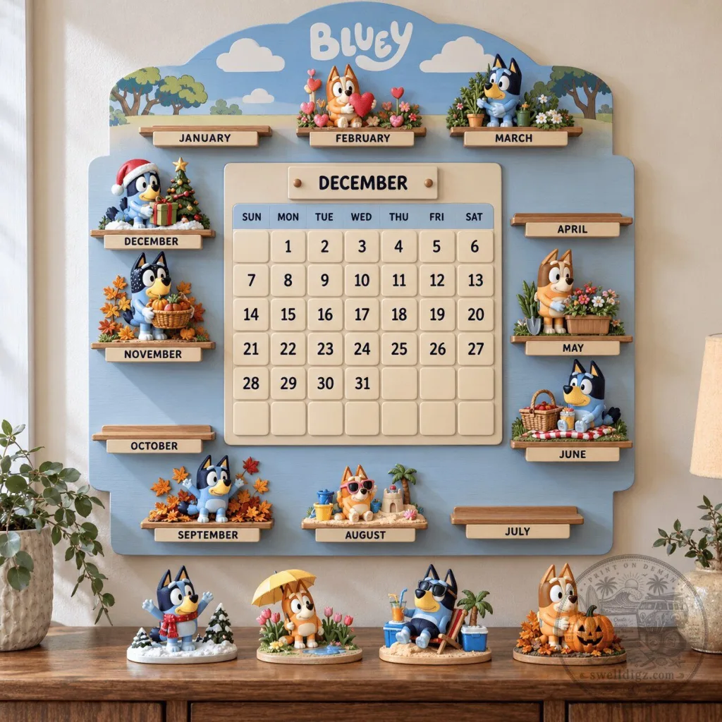 Bluey Cartoon Perpetual Wall Calendar with Monthly Figurines and Holiday Themes Bluey Cartoon Perpetual Wall Calendar with Monthly Figurines and Holiday Themes