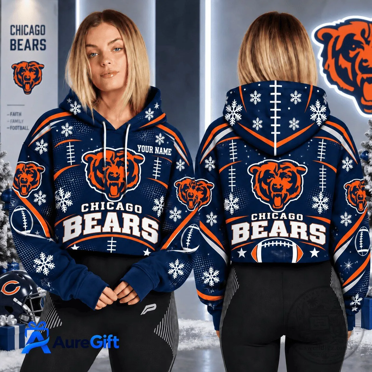 Chicago Bears NFL Christmas Kick Off Personalized Cropped Hoodie for Women