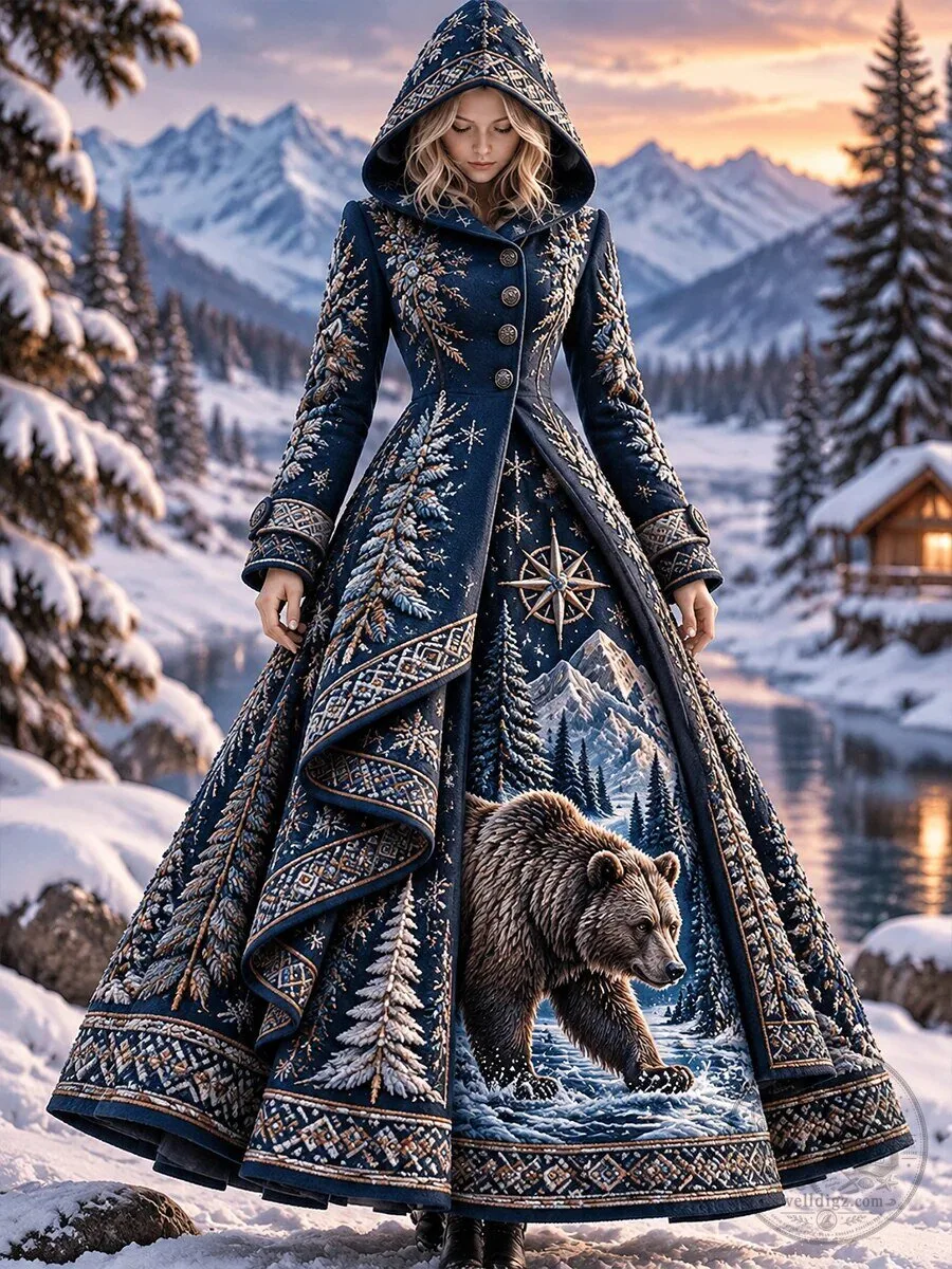 Nordic Winter Bear and Forest Embroidered Hooded Long Dress for Women