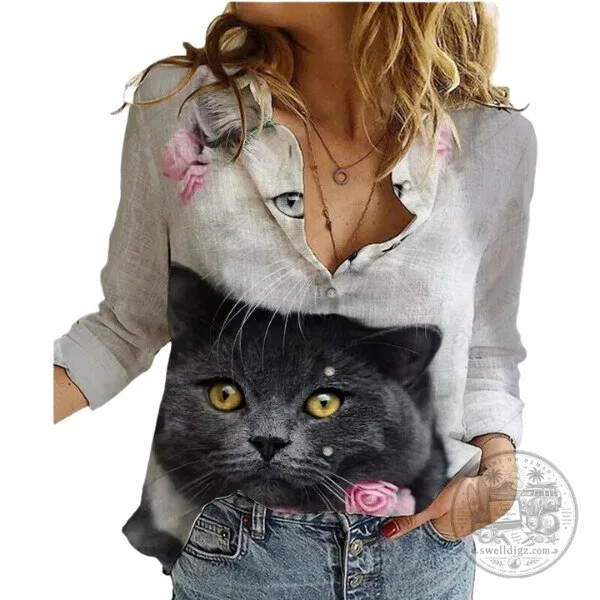 Cute Cat Face Print Women's Long Sleeve Button Down Shirt